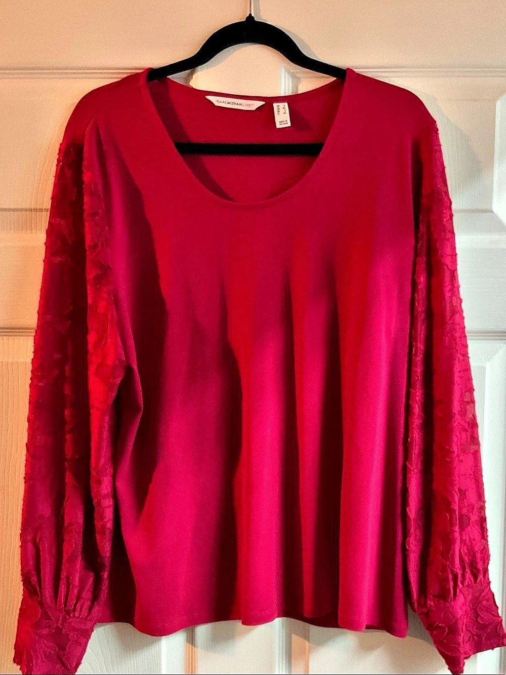 Isaac Mizrahi LIVE! Long Sleeve Lace Sleeve Blouse in Pink Size Large